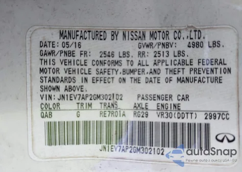 2016 Infiniti Q50 3.0T Premium from USA, damaged, VIN JN1EV7AP2GM302102